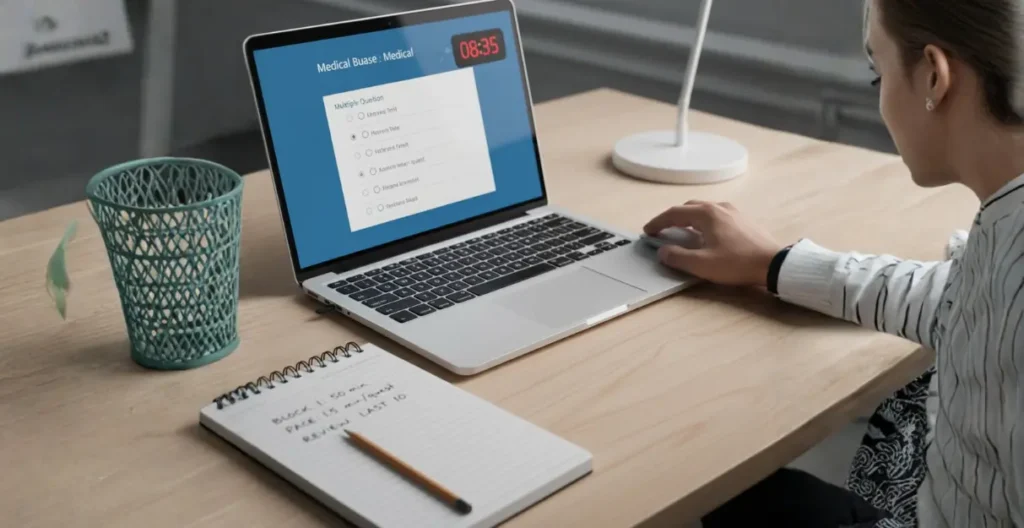Close-up of a laptop screen with medical multiple-choice questions and a visible timer