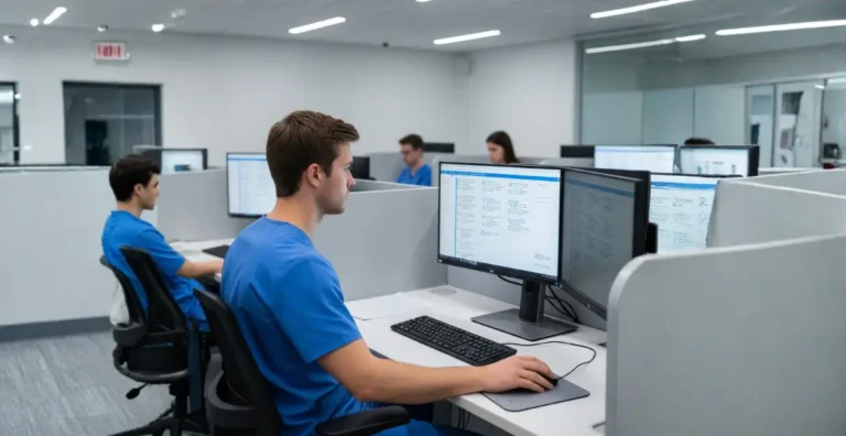 Focused medical student taking a computer-based exam in a modern testing center