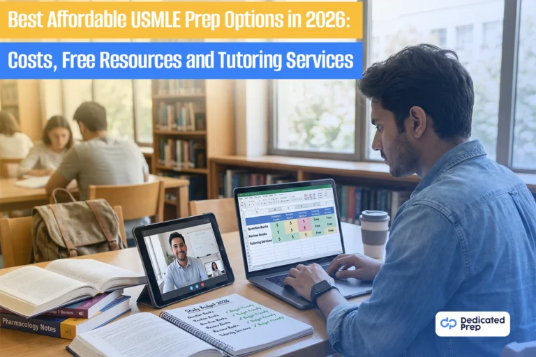 USMLE prep options infographic showing affordable courses, exam costs, free resources, tutoring, and study plans for 2026