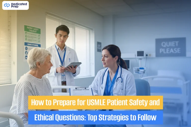Medical student preparing for USMLE Step 2 CK patient safety and ethical questions, reviewing bioethics, informed consent, confidentiality, and PSQI concepts on study notes and laptop.