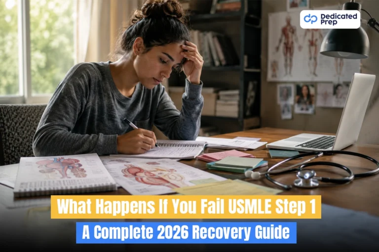 Medical student reviewing a failed USMLE Step 1 score report and planning a recovery strategy for retaking the exam.