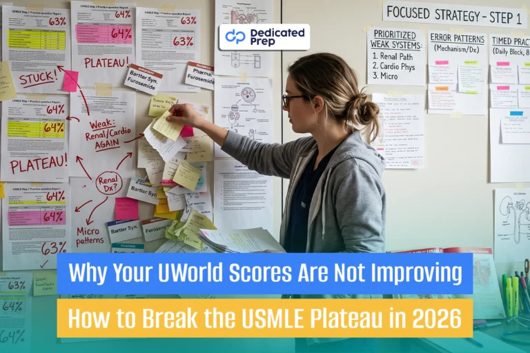UWorld scores not improving infographic showing six causes of a USMLE score plateau and strategies to improve UWorld performance.