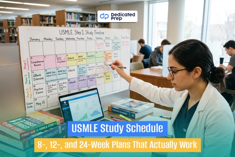 USMLE Study Schedule guide with 8, 12, and 24 week preparation plans for Step 1 and Step 2 CK