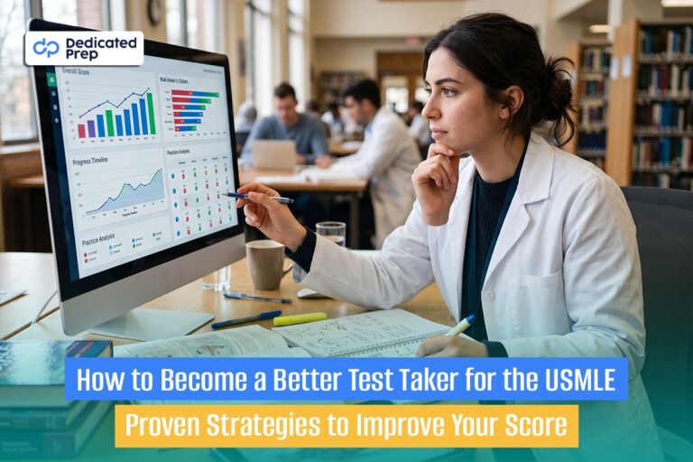 How to Become a Better Test Taker for the USMLE with a medical student analyzing practice exam scores and performance to improve test-taking strategies.