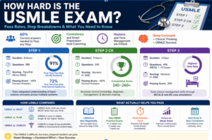 USMLE exam difficulty, pass rates, Step 1, Step 2 CK and Step 3 comparison infographic